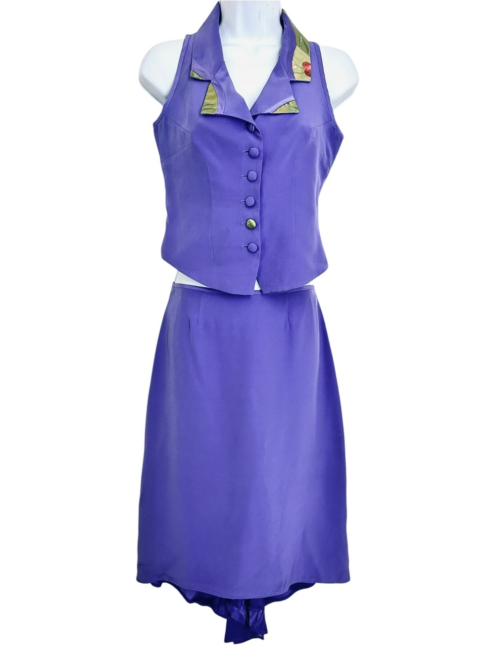 Jila Vintage 90s Silk Purple Skirt Set Size S Sleeveless Vest & A-Line Skirt